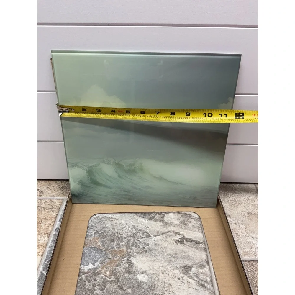 Tempered Glass Wall Art Ocean Waves Coastal Seascape Square 12x12 Green Grey